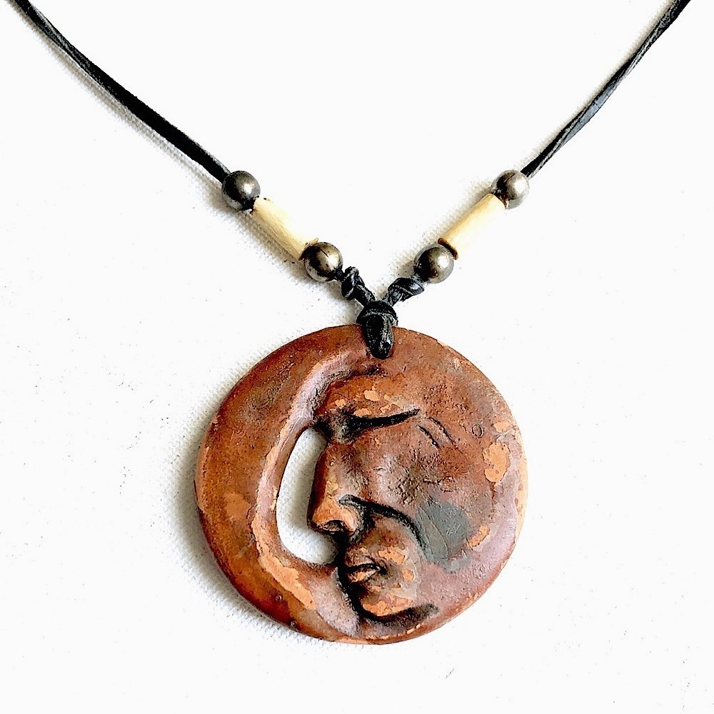 Signed Sculptured Clay Face One-Of-A-Kind Pendant Necklace